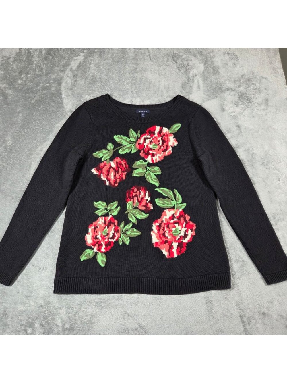 Lands End Sweater Womens Large Black Pink Red Roses Cottagecore Grandma Boho